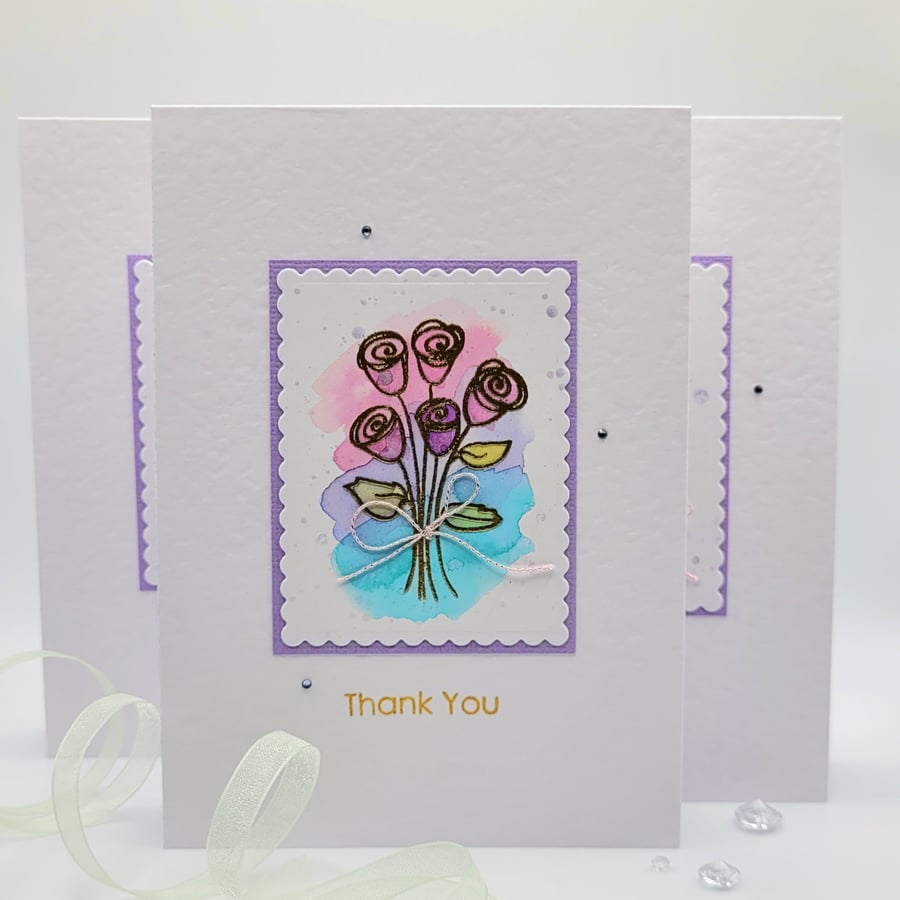 Thank you Cards - set of 3 handpainted cards, floral, embossed 