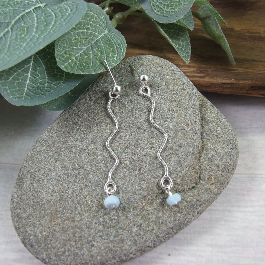 Earrings, Sterling Silver Long Wavy Stick and Blue Opal Gemstone Droppers