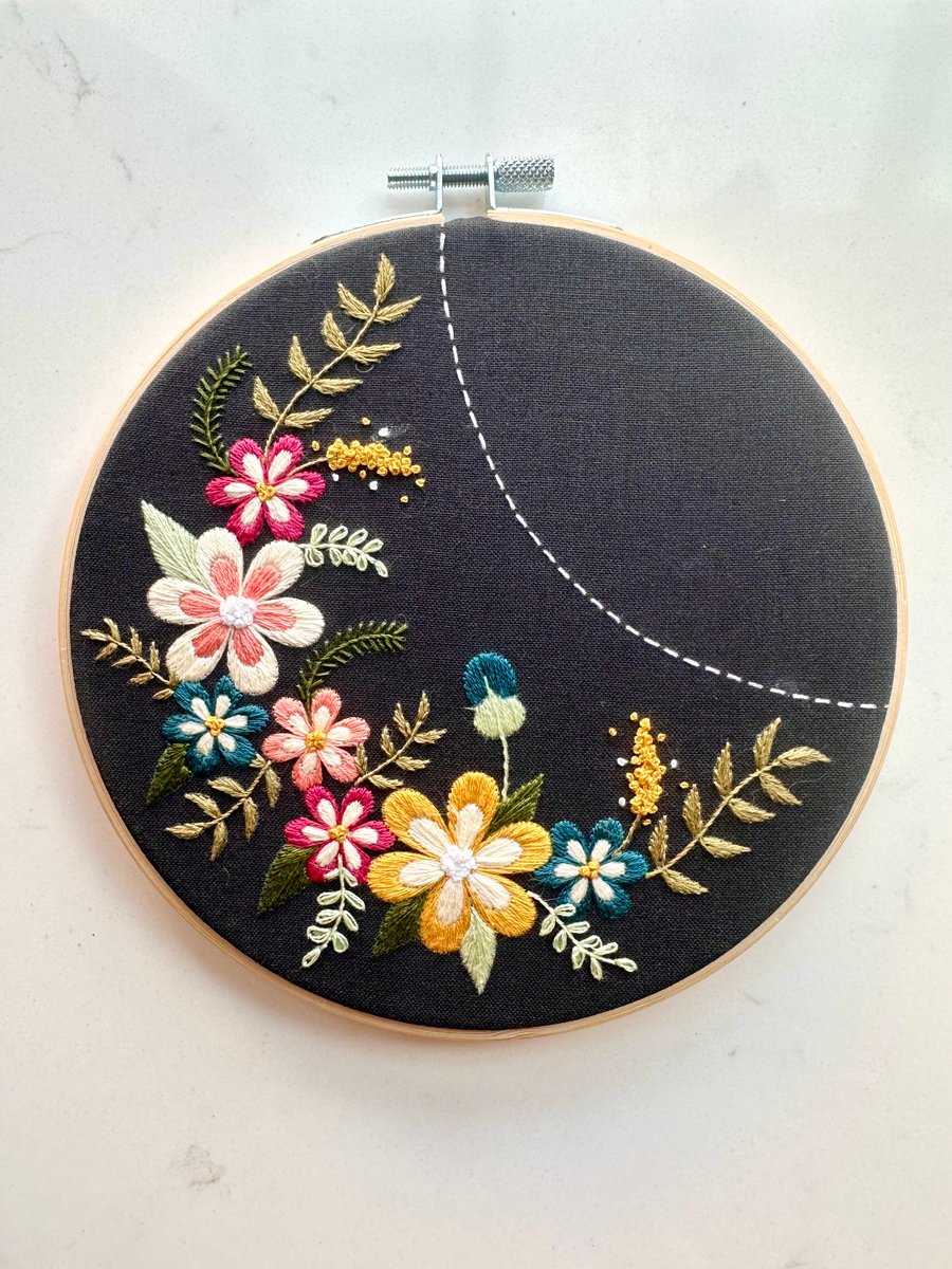 Embroidery Kit, 'Midnight Flowers', 6” Embroidery Hoop, Craft Kit