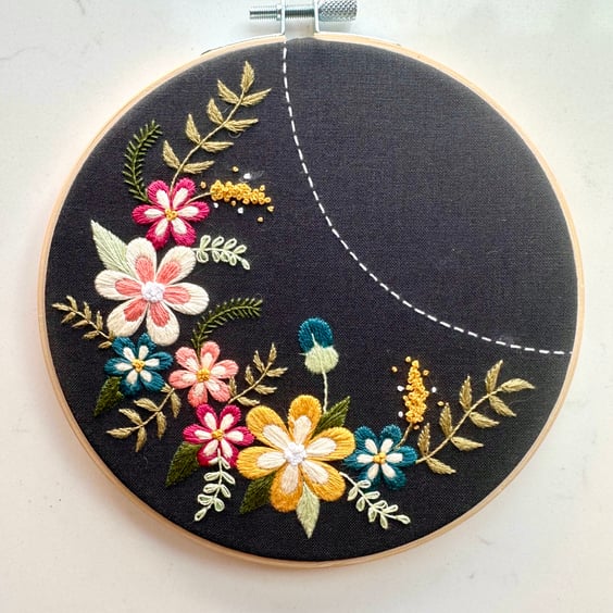 Embroidery Kit, 'Midnight Flowers', 6” Embroidery Hoop, Craft Kit