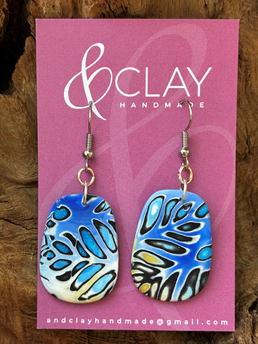 Bright Blue, Sand and White Mokume Gane Earrings