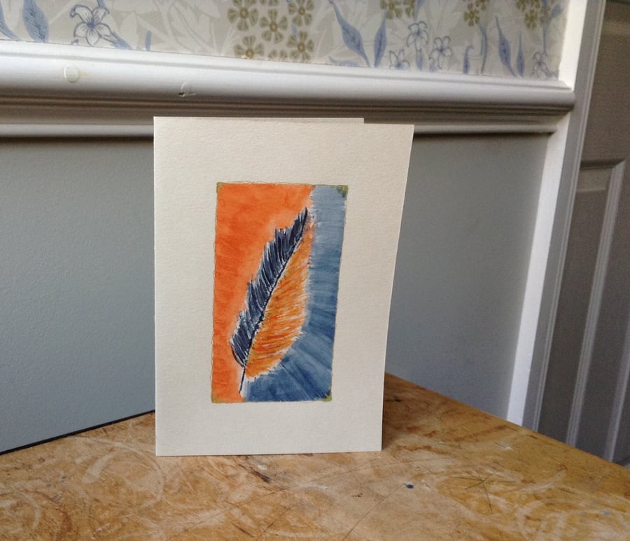 Hand painted card feather design blue & orange