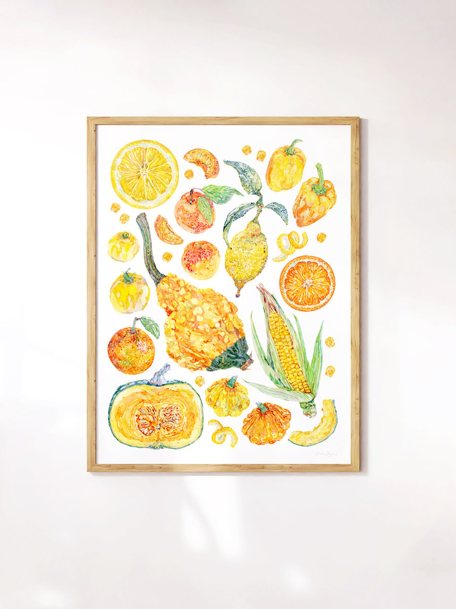 Yellow Fruit and Vegetable Art Print - Illustrated food art printed sustainably