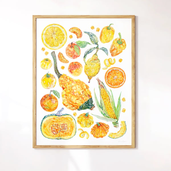 Yellow Fruit and Vegetable Art Print - Illustrated food art printed sustainably