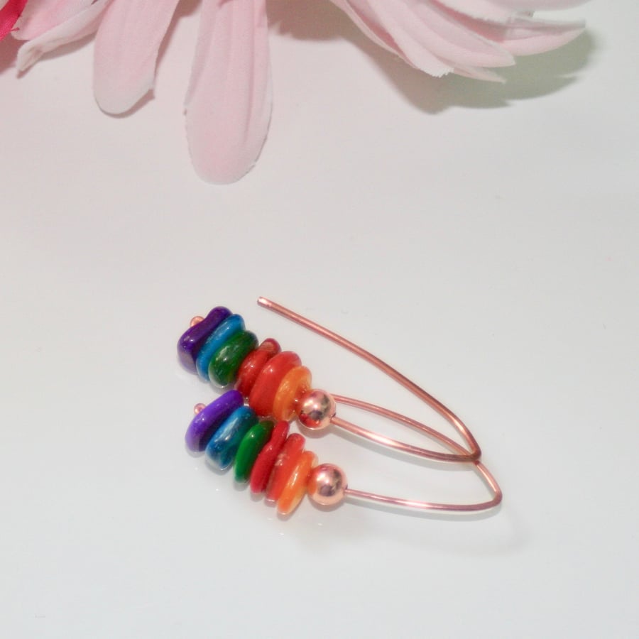 Rainbow shell and copper earrings