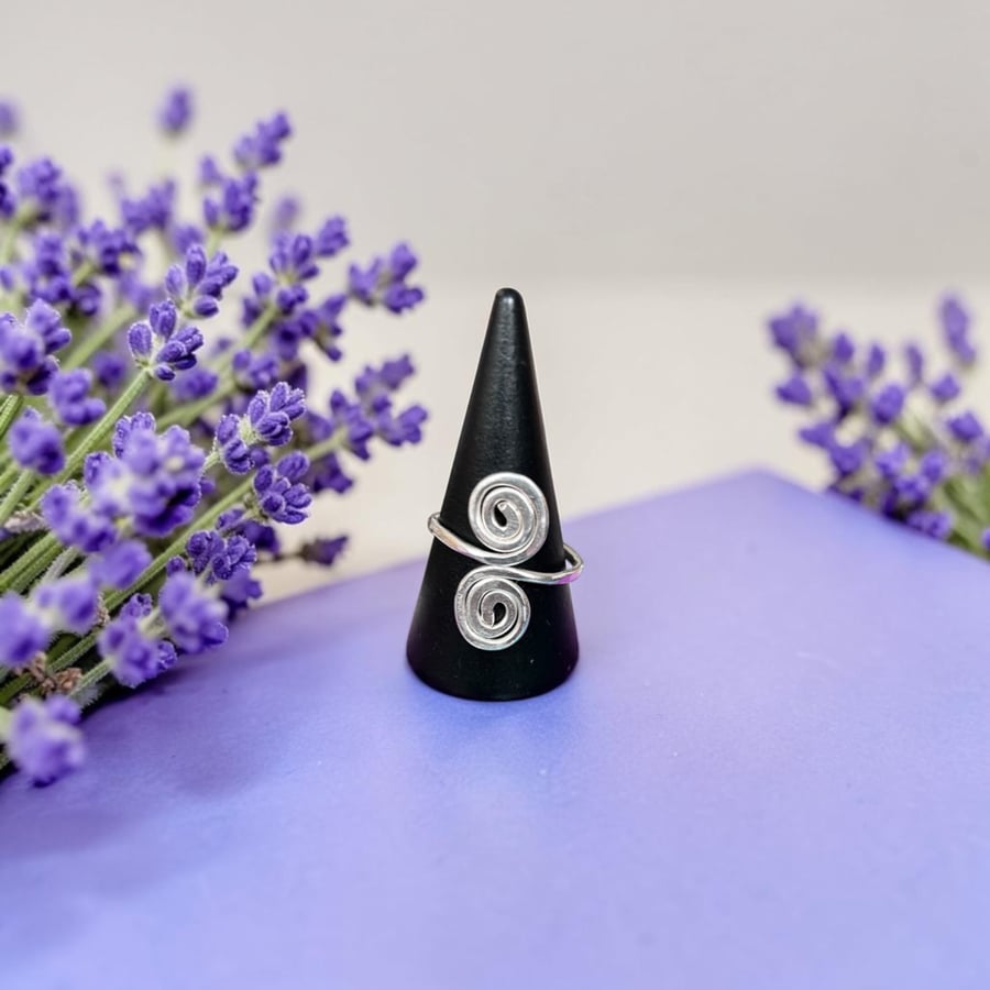 Sterling Silver Unisex Double Spiral Adjustable Ring - Size R