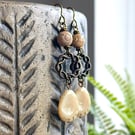 Cream & Gold Czech Glass Teardrop Earrings with Natural Soapstone Beads