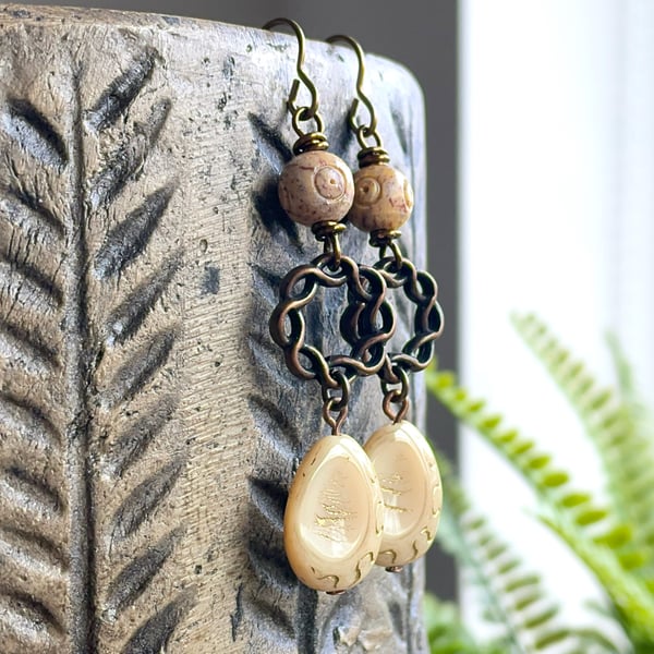 Cream & Gold Czech Glass Teardrop Earrings with Natural Soapstone Beads