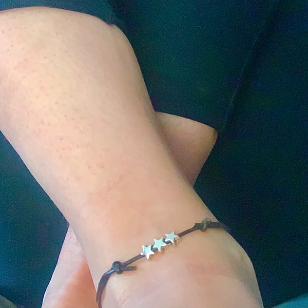 Black Leather Anklet with Tiny Silver Stars