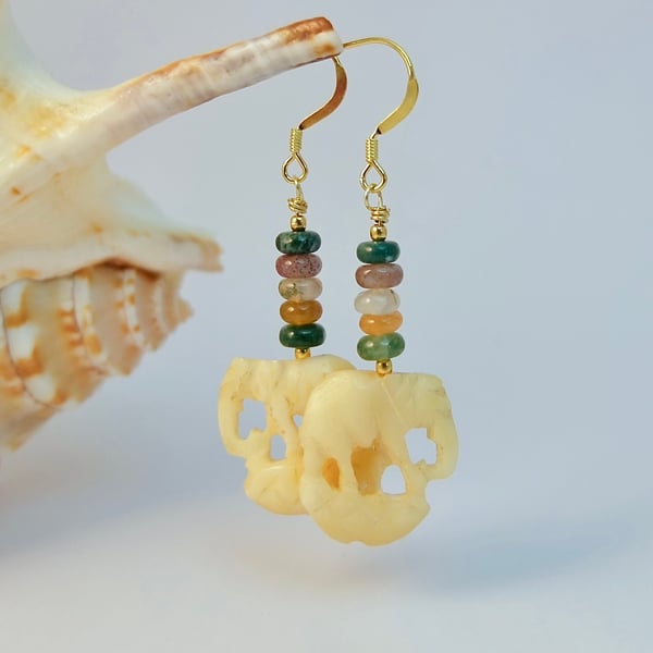 Elephant Earrings With Indian Agate, Birthday, Anniversary, Gifts For Her