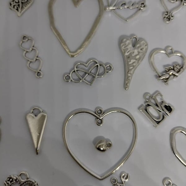 Silver Charms HEART & LOVE Mix x 35 Jewellery Making