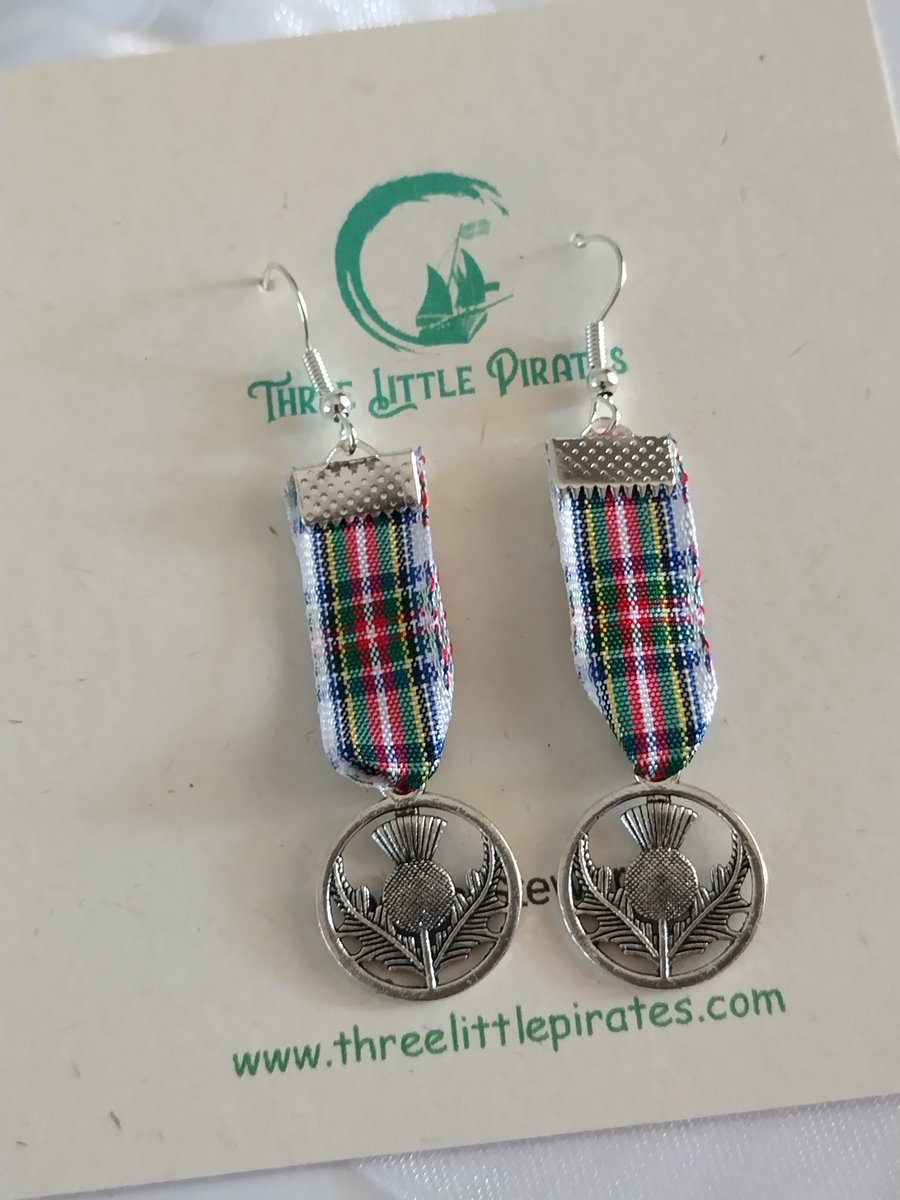 Scottish tartan dangly earrings with thistle charm