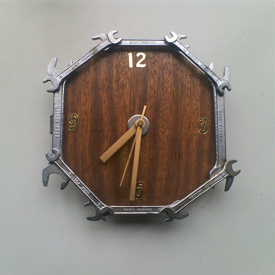 Reclaimed Spanner Wall Clock - Dark Wood Finish