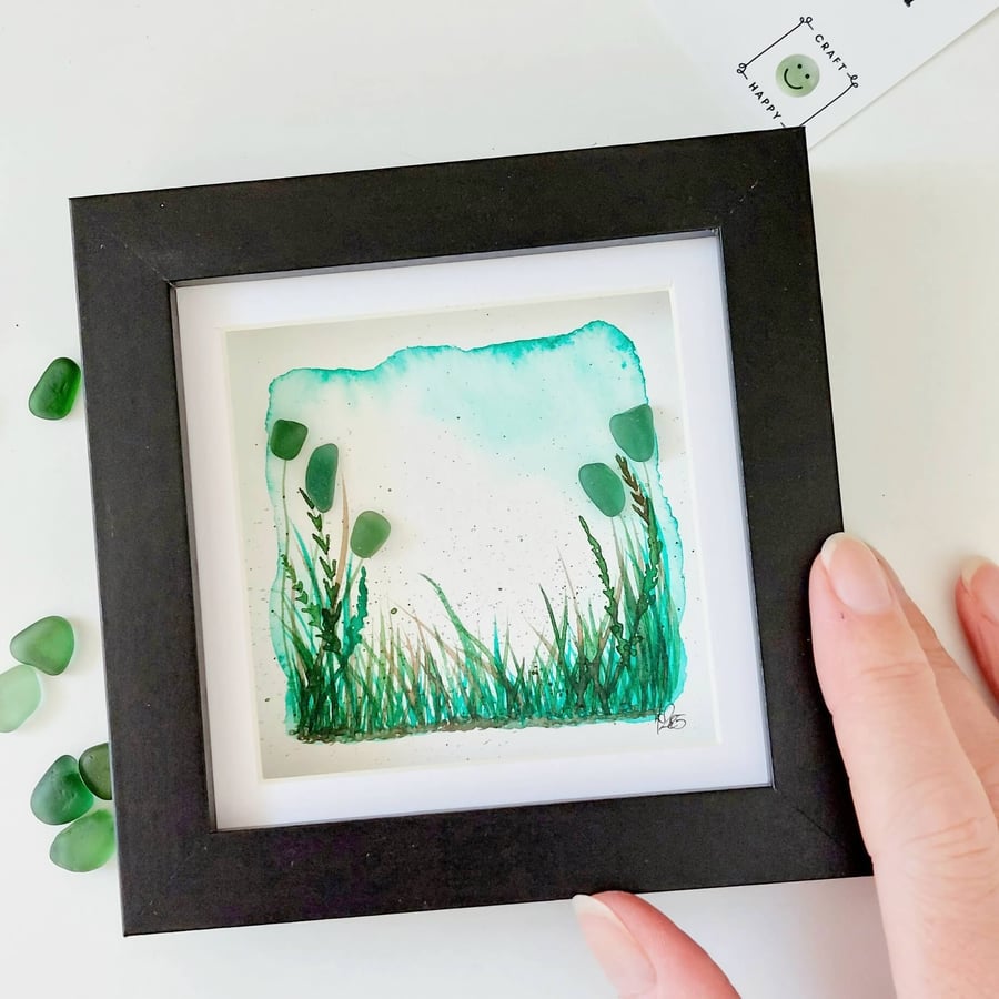 Original Watercolour and Green Sea Glass Abstract Botanical Art - Home Decor