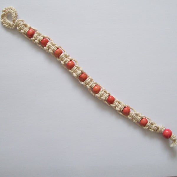 Macrame bracelet made with cream cotton twine and red wooden beads (18cm)