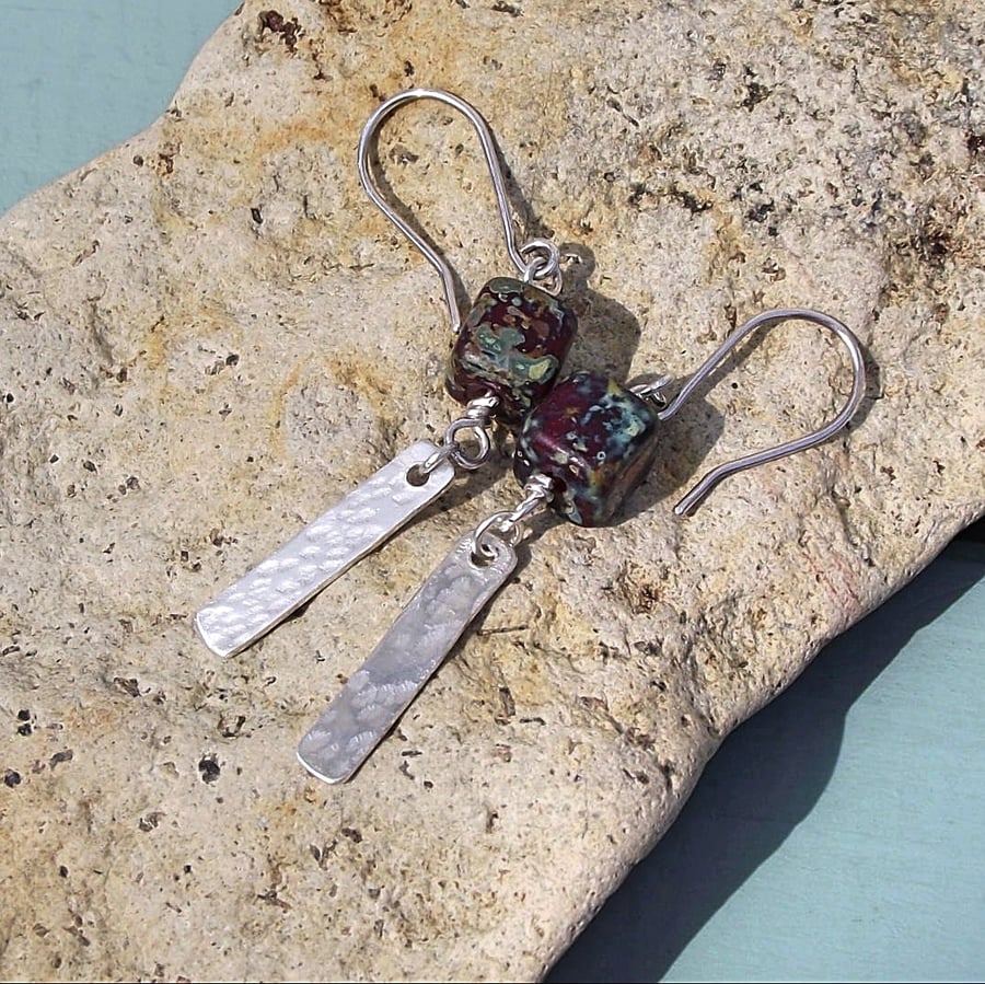 Silver bar earrings vintage glass dangle sterling handmade Scottish faux agate