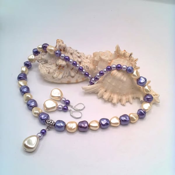 Purple and Cream Chunky Pearl Necklace and Earrings Set, Gift for Her, Pearls