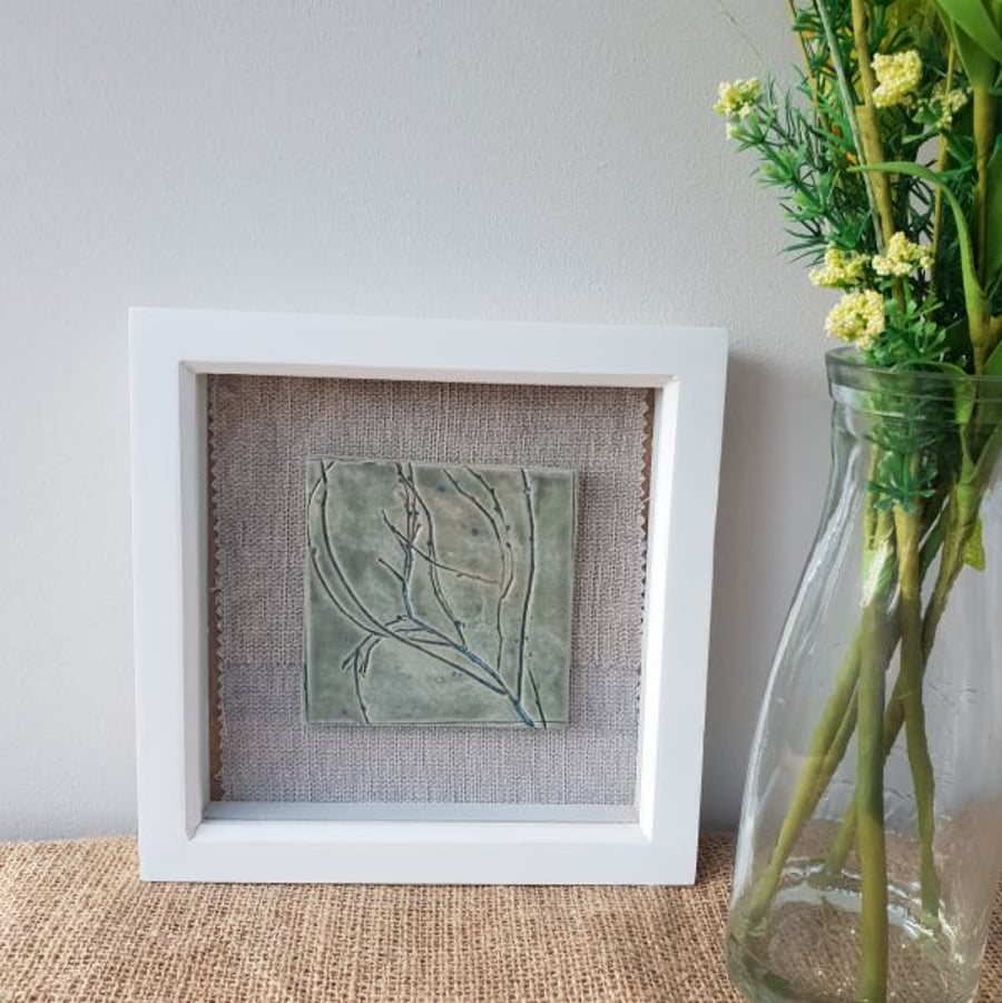 Framed Ceramic Botanical Tile – Glimmer Green Bare Branches