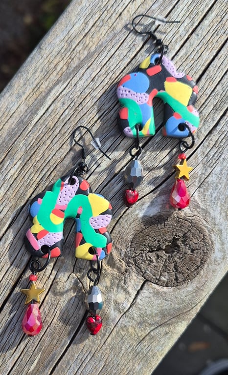 Brightly Coloured Arch Shaped Dangly Earrings Beaded Drops Star and Crystal 