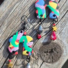 Brightly Coloured Arch Shaped Dangly Earrings Beaded Drops Star and Crystal 
