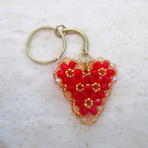 Red and gold heart beaded keyring or bag charm, Valentine or anniversary gift