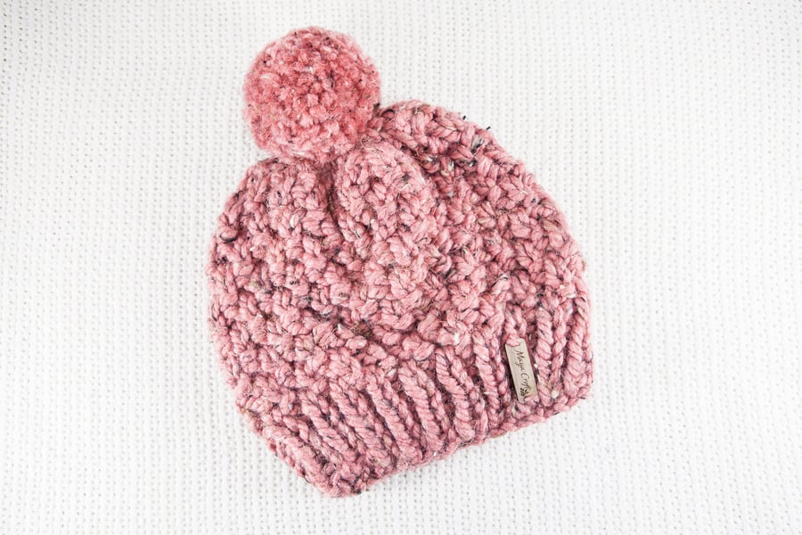 Thick Chunky Rose Blush Bobble Hat. Pom Pom Hat. Hand Knitted Wool Blend Beanie.