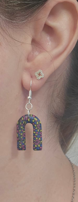 Polymer clay stained glass inspired horseshoe earrings on silver plated earhooks