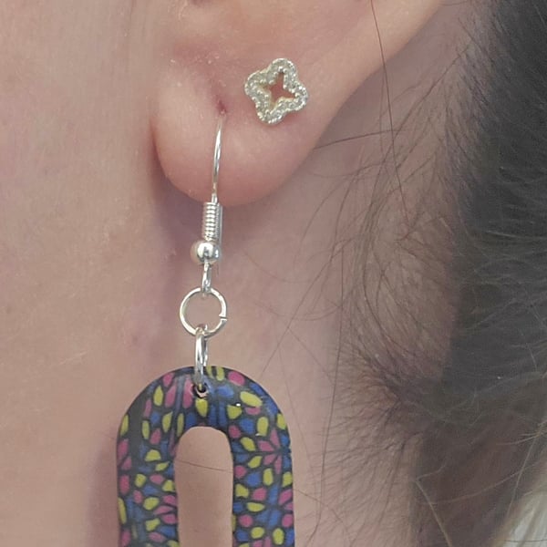 Polymer clay stained glass inspired horseshoe earrings on silver plated earhooks