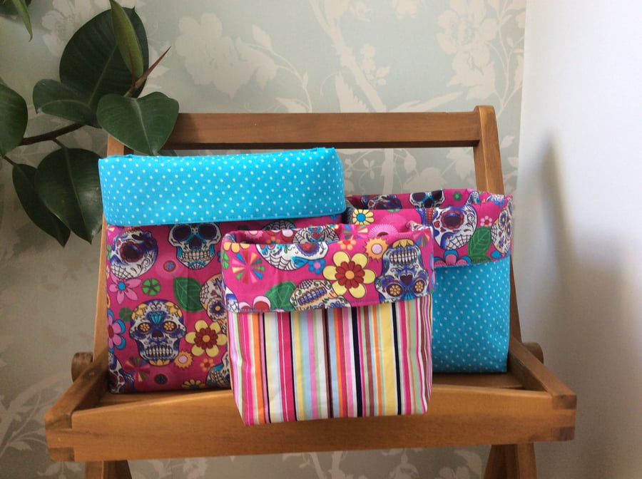 Floral Skulll reversible fabric baskets, set of 3.