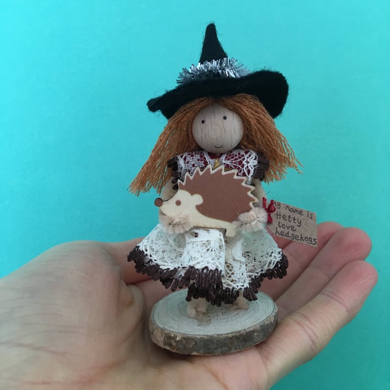 Tiny Autumn Witch Doll Decoration, Halloween Witch Core Ornament, Hedgehogs