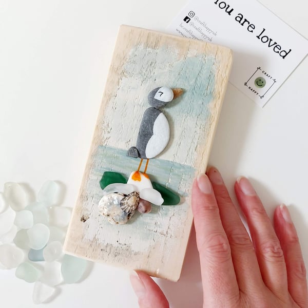 Puffin Wall Art on Reclaimed Wood, Sea Glass and Beach Finds Quirky Home Decor