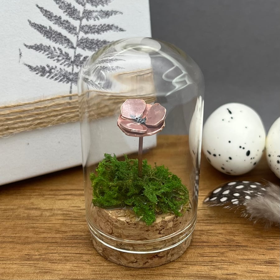 Handmade Miniature Copper Poppy Bell Jar Cloche Ornament