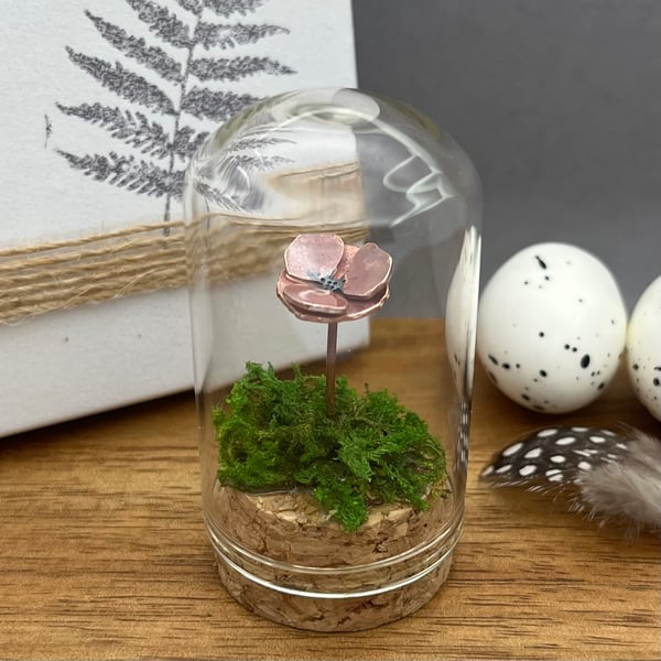 Handmade Miniature Copper Poppy Bell Jar Cloche Ornament
