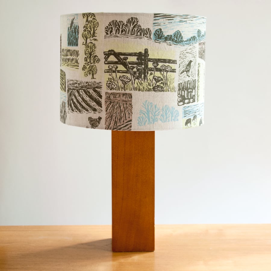 Farm Yarns 30cm lampshade, hand screen printed onto linen