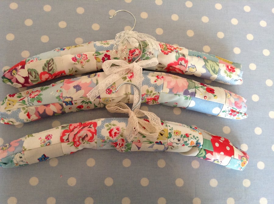 3 x patchwork covered clothes hangers in cath kidston fabrics