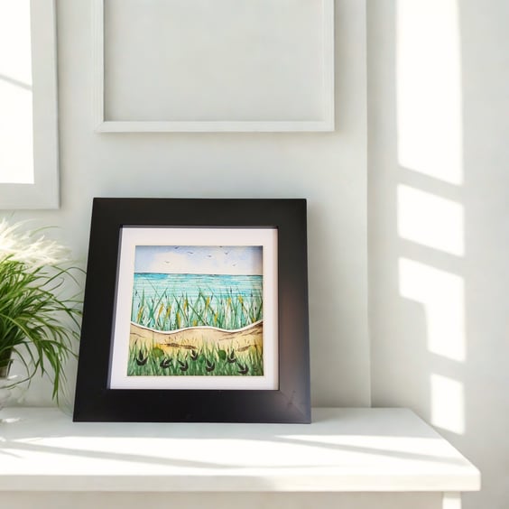 3D Coastal Watercolour Art, Handmade Sea Glass Beach Scene, One-off Desk Decor
