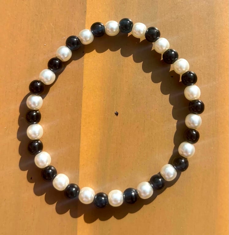 Handmade Black and Pearl-Tone Beaded Bracelet