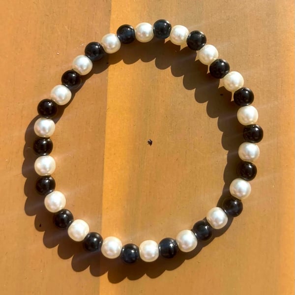 Handmade Black and Pearl-Tone Beaded Bracelet