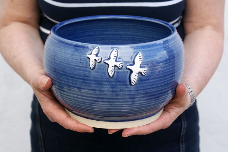 Handmade stoneware bowl - wheel thrown bowl in ocean blue with birds in flight