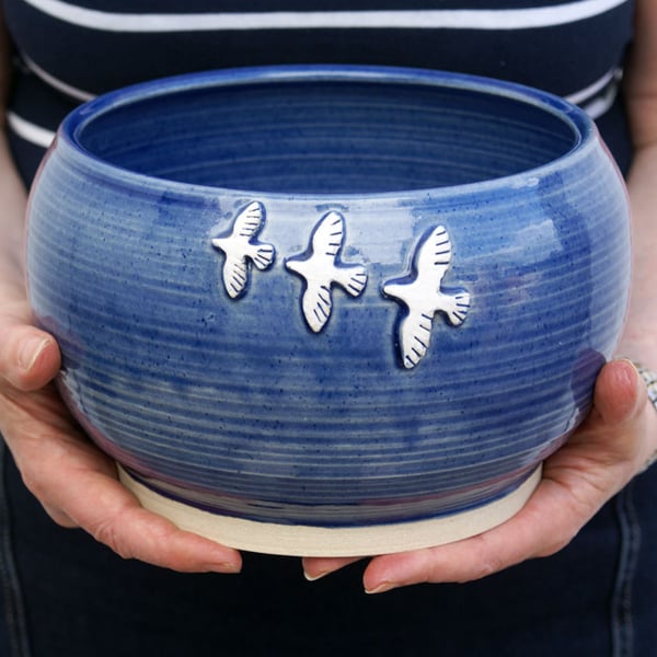 Handmade stoneware bowl - wheel thrown bowl in ocean blue with birds in flight