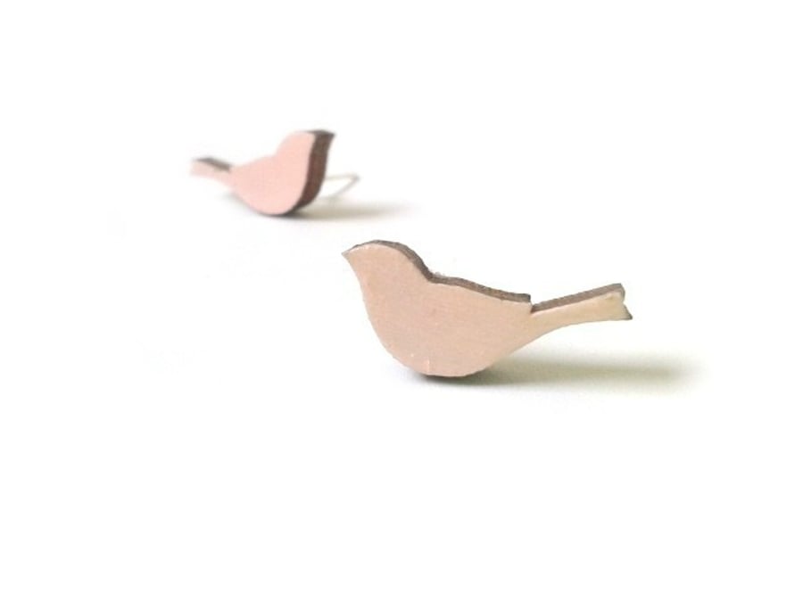 Tiny Pastel Pink Painted Wooden Bird Stud Earrings