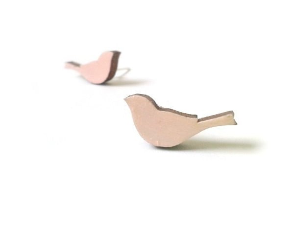 Tiny Pastel Pink Painted Wooden Bird Stud Earrings