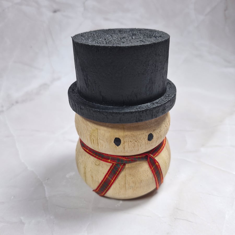 Hand Turned Wooden Snowman with Tartan Scarf