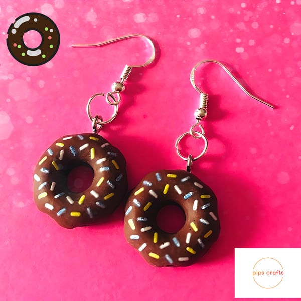 Colourful Doughnut Earrings Chocolate Sprinkles, 925 Silver Hooks, Fun Jewellery