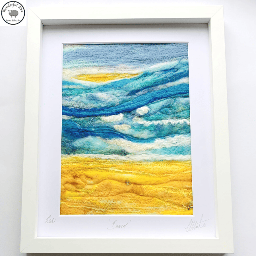Felted Picture fibre painting seascape wet needle felt embroidery gift.    