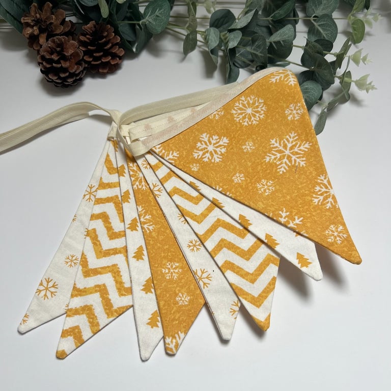 Handmade Fabric Bunting 8 Flags in Christmas Yellow & White Snowflake Design
