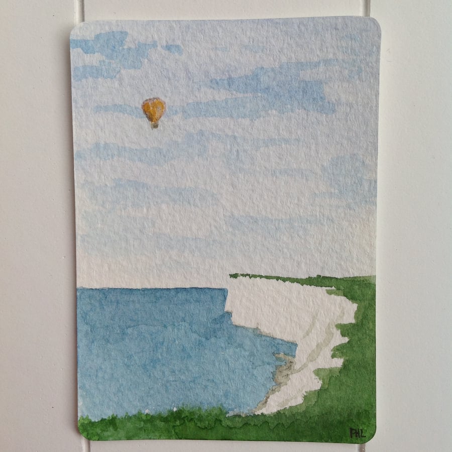 Sale ACEO original watercolour 'Hot Air Balloon Over White Cliffs'