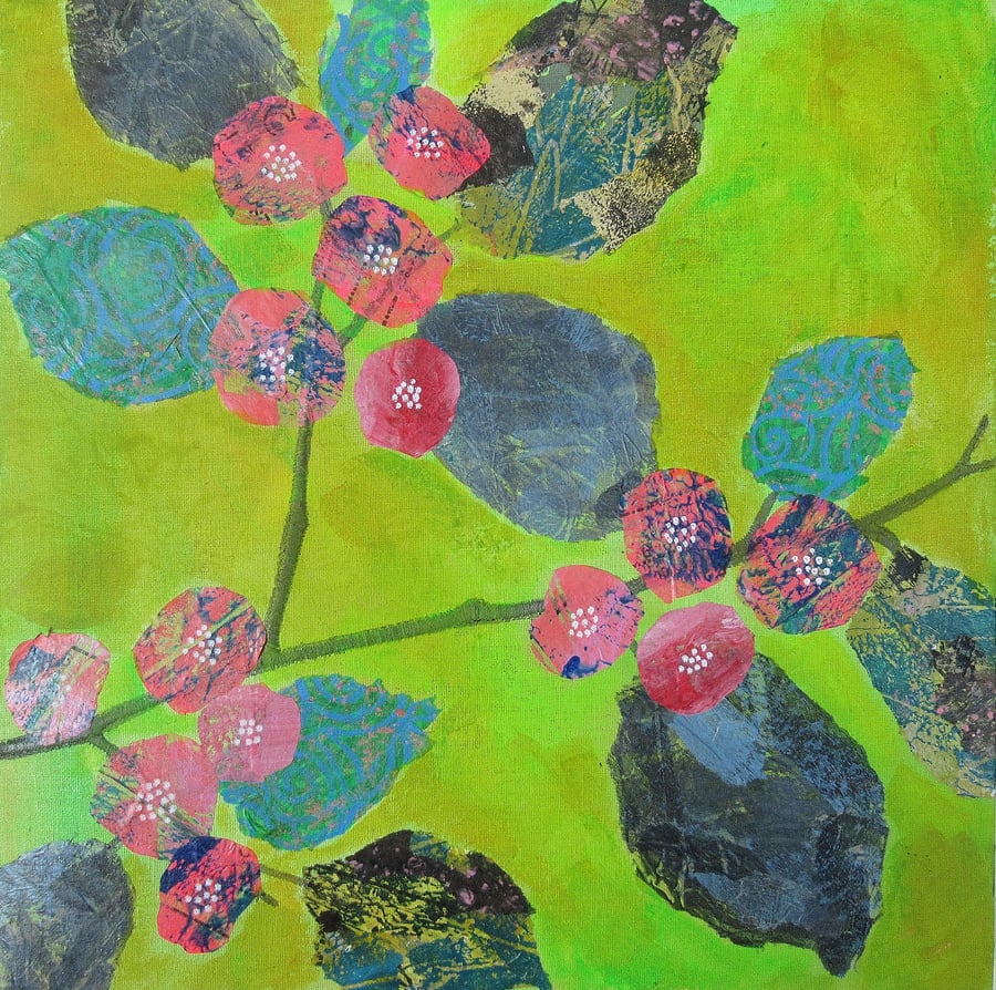 Abstract Leaves Flower Painting Blossom Tree Branches Pink Green Floral Artwork