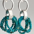 Turquoise Tassel Earrings in Sterling-Silver Hoops,  Handmade Boho Statement