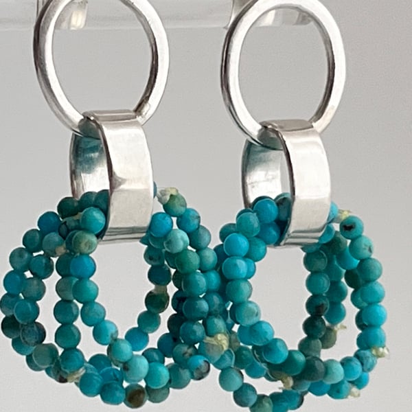 Turquoise Tassel Earrings in Sterling-Silver Hoops,  Handmade Boho Statement